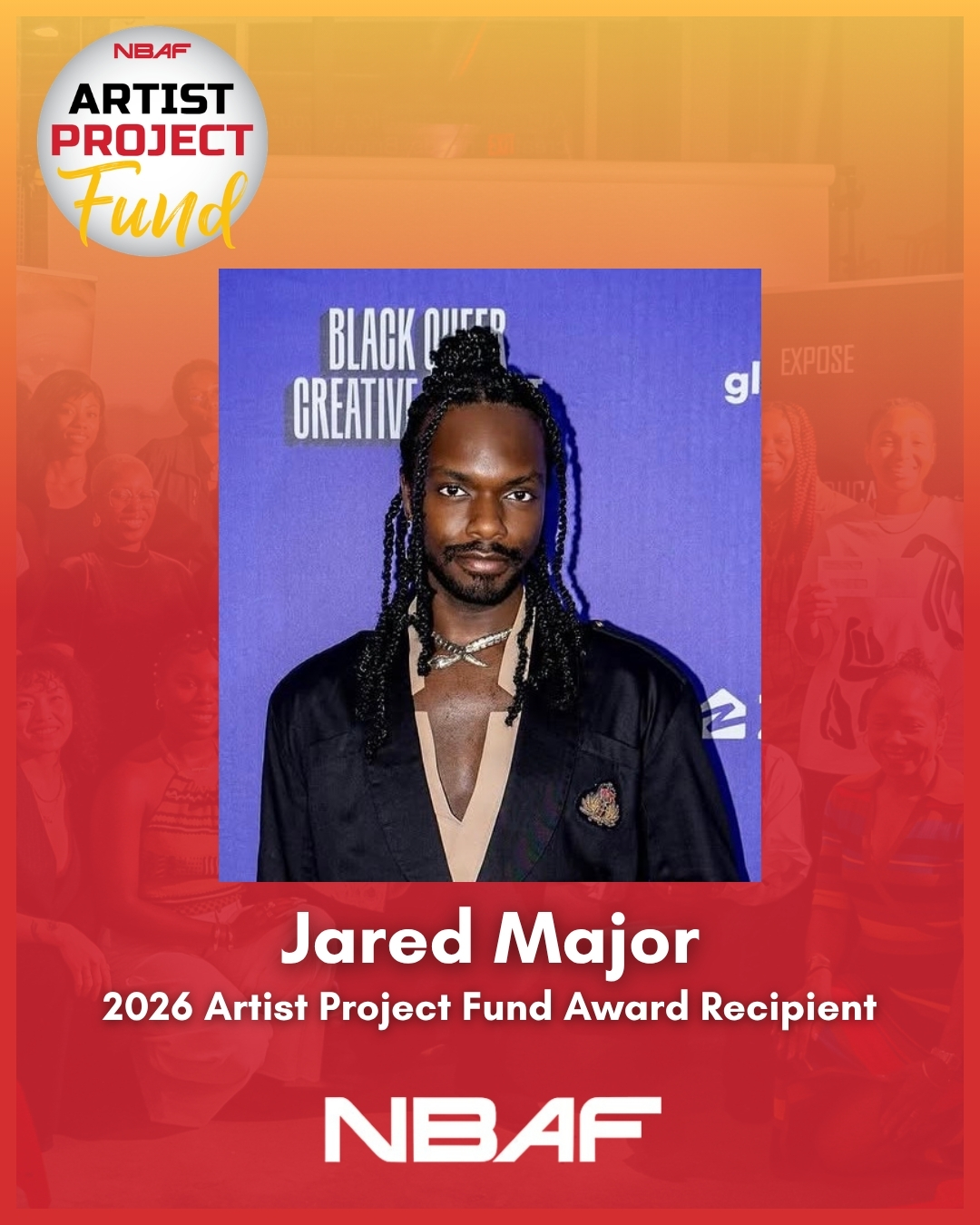 Created in 2020 as a COVID relief fund, the NBAF Artist Project Fund (APF) supports 12 professional artists in the completion of an ongoing artistic project with a $2000 cash award in 2026. APF fosters a sense of community and creative collaboration, and provides immersive artistic and career development experiences to help participants grow as artists and creative entrepreneurs. 
Congratulations to the 2026 Artist Fund Cohort! NBAF is happy to support their projects. The Artist Project Fund is supported in part by the Wilhelm Family Foundation. 
Jared Major