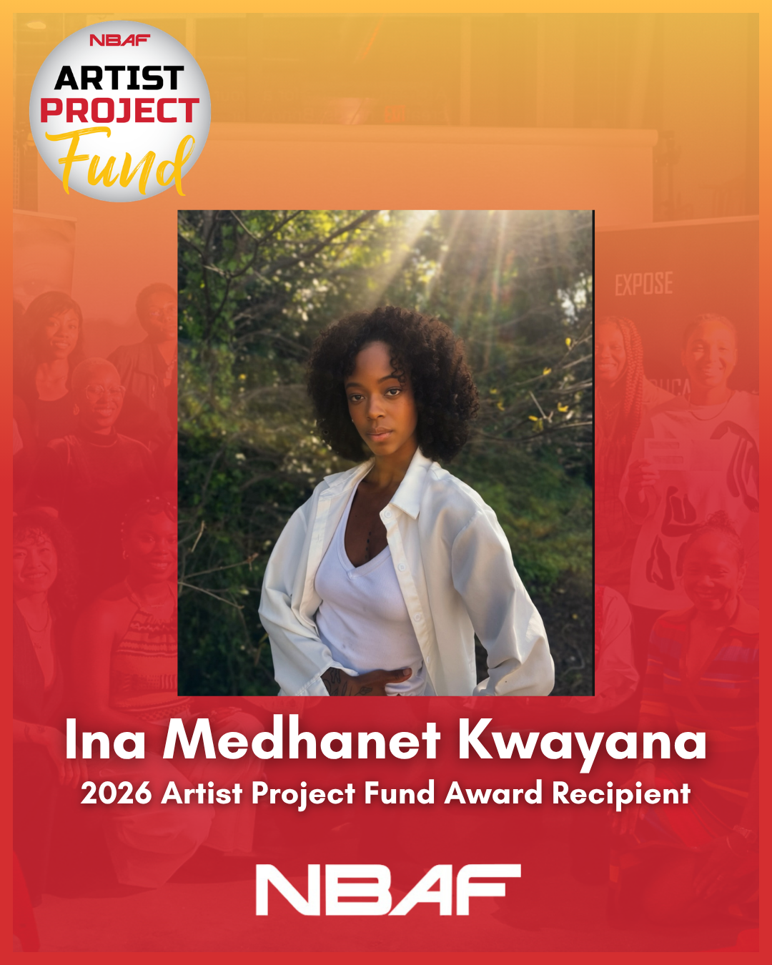 Created in 2020 as a COVID relief fund, the NBAF Artist Project Fund (APF) supports 12 professional artists in the completion of an ongoing artistic project with a $2000 cash award in 2026. APF fosters a sense of community and creative collaboration, and provides immersive artistic and career development experiences to help participants grow as artists and creative entrepreneurs. 
Congratulations to the 2026 Artist Fund Cohort! NBAF is happy to support their projects. The Artist Project Fund is supported in part by the Wilhelm Family Foundation. 
Ina Medhanet Kwayana